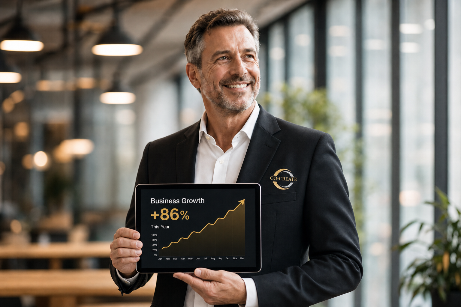 Co-Create business consultant with Co-Create logo on blazer, reviewing +86% business growth analytics on a tablet